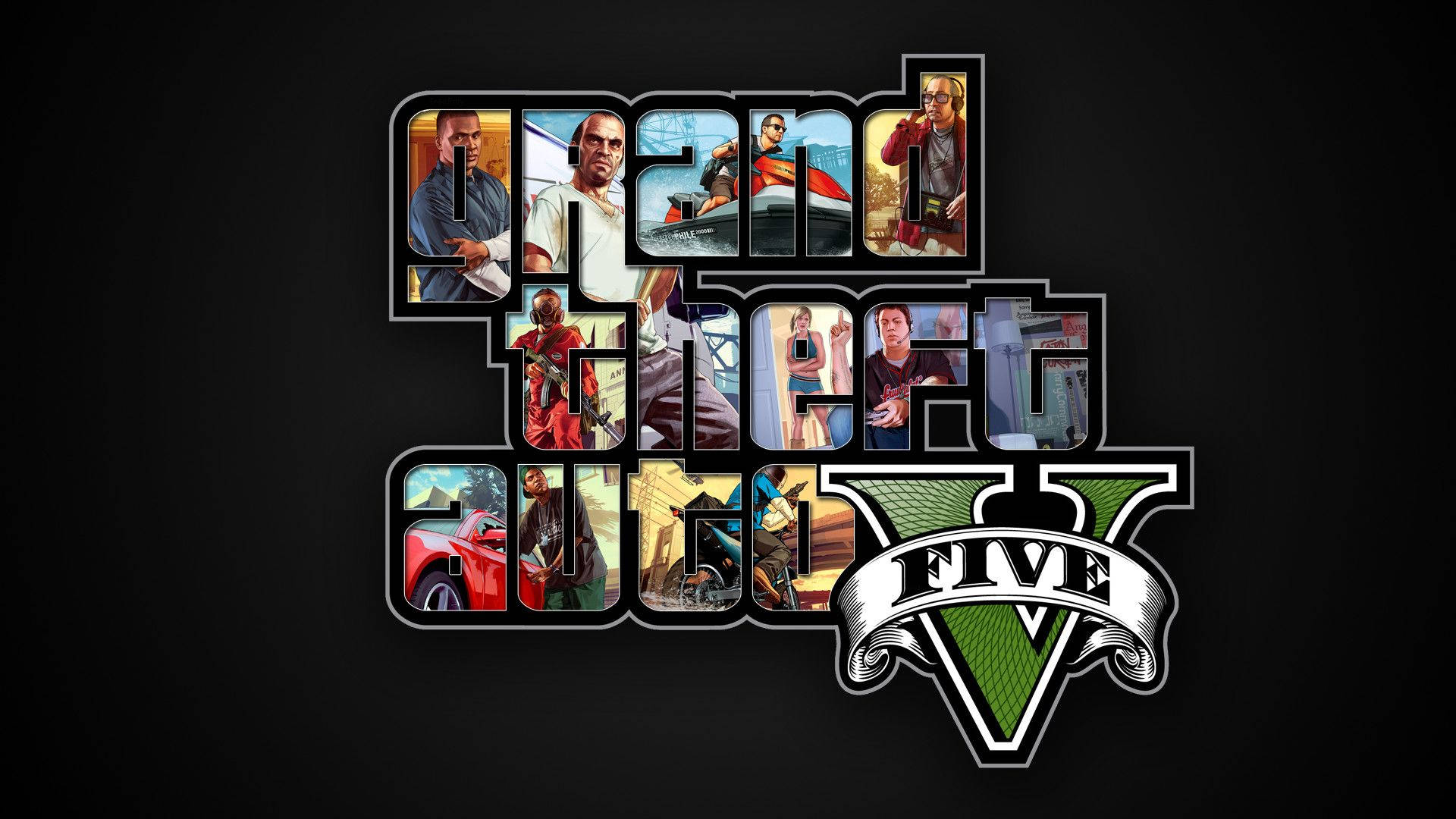 1080p gta 5 桌布 壁紙 — 黑色背景上，字母內嵌有角色肖像的Grand Theft Auto V標誌。