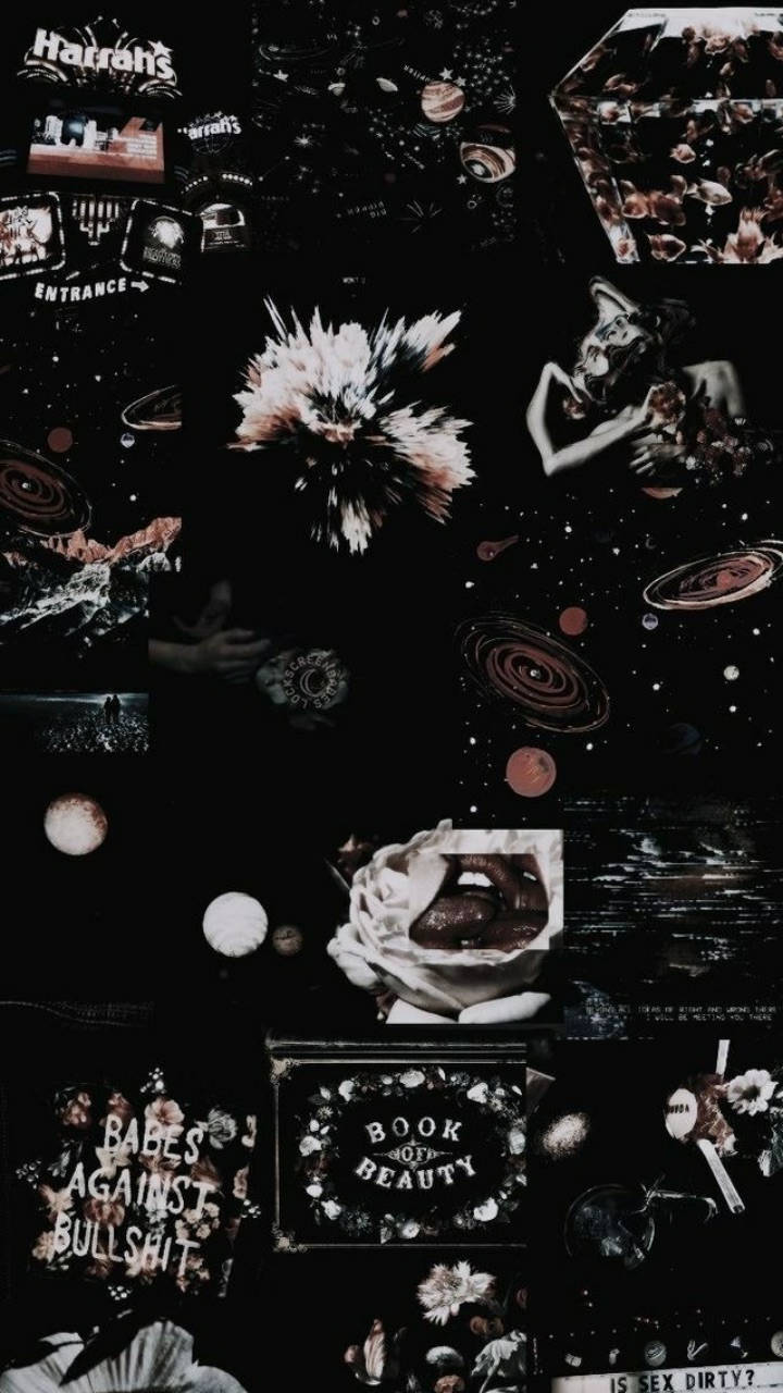 Cute Black Aesthetic 桌布 壁紙 — 黑色背景上，宇宙漩渦、玫瑰、骷髏頭和文字碎片的暗黑拼貼。