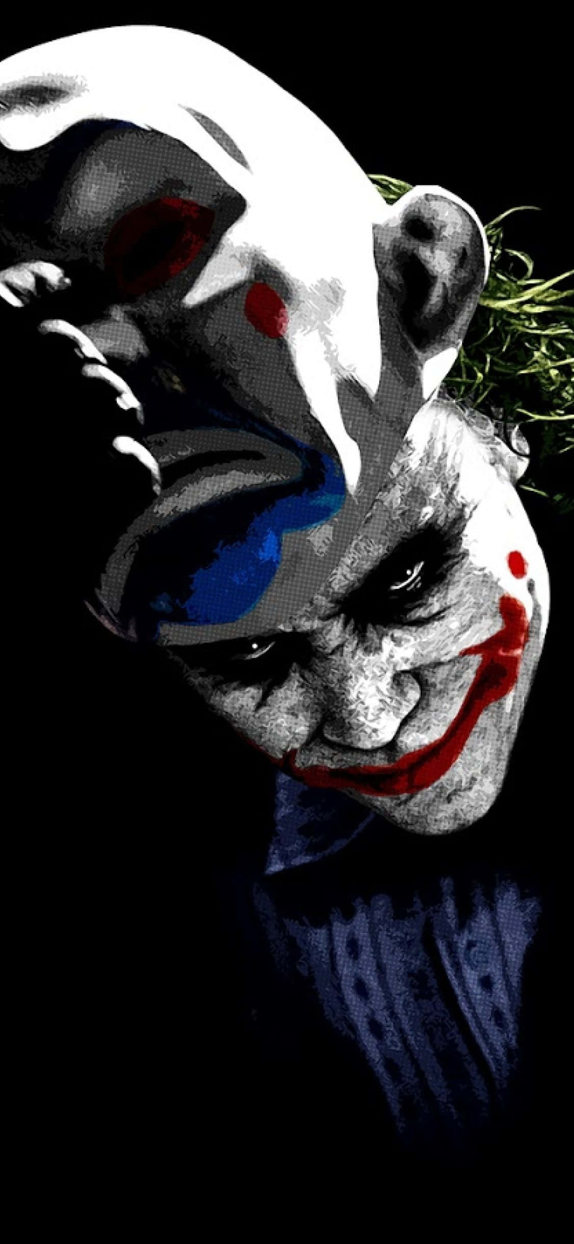 Joker Art 桌布 壁紙 — 黑色背景上，小丑化妝模糊、頭髮凌亂的威脅性特寫。