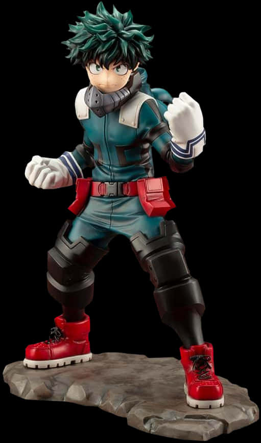 My Hero Academia Anime 桌布 壁紙 — 黑色背景上，岩石底座上站著身穿英雄服裝的綠谷出久動漫人偶。