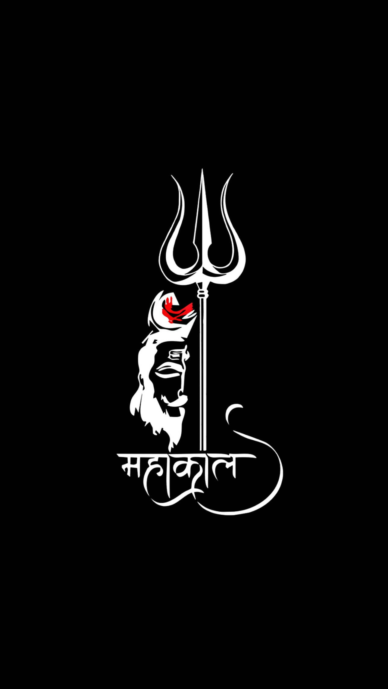 Hindu God 桌布 壁紙 — 黑色背景上，帶有三叉戟和新月的濕婆神清晰白色剪影。