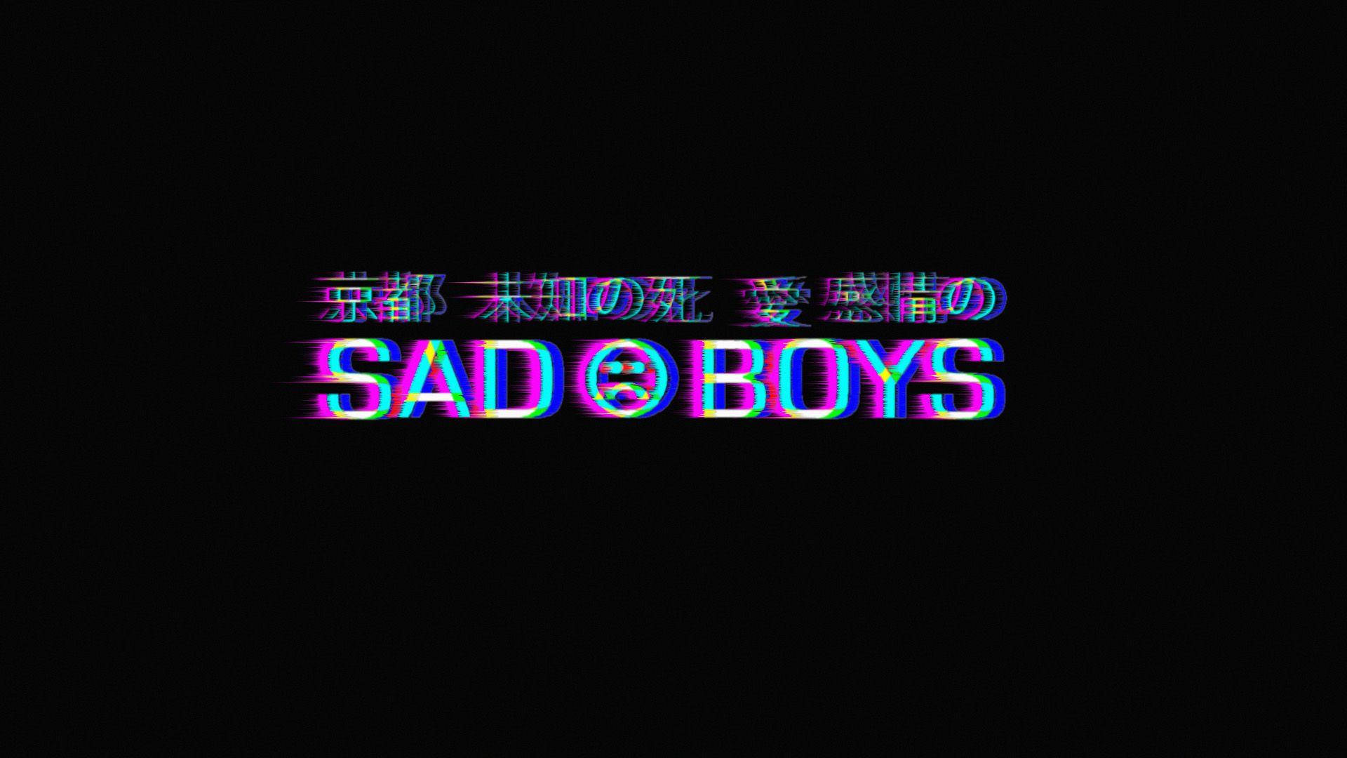 Alt 桌布 壁紙 — 黑色背景上，帶有日文字元的故障霓虹文字顯示「SAD BOYS」。