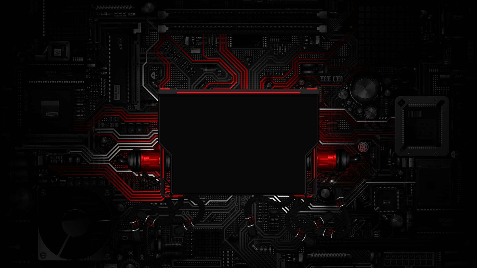 Circuit 桌布 壁紙 — 黑色背景上，帶有發光紅色路徑和中央黑色長方形的深色電路板。