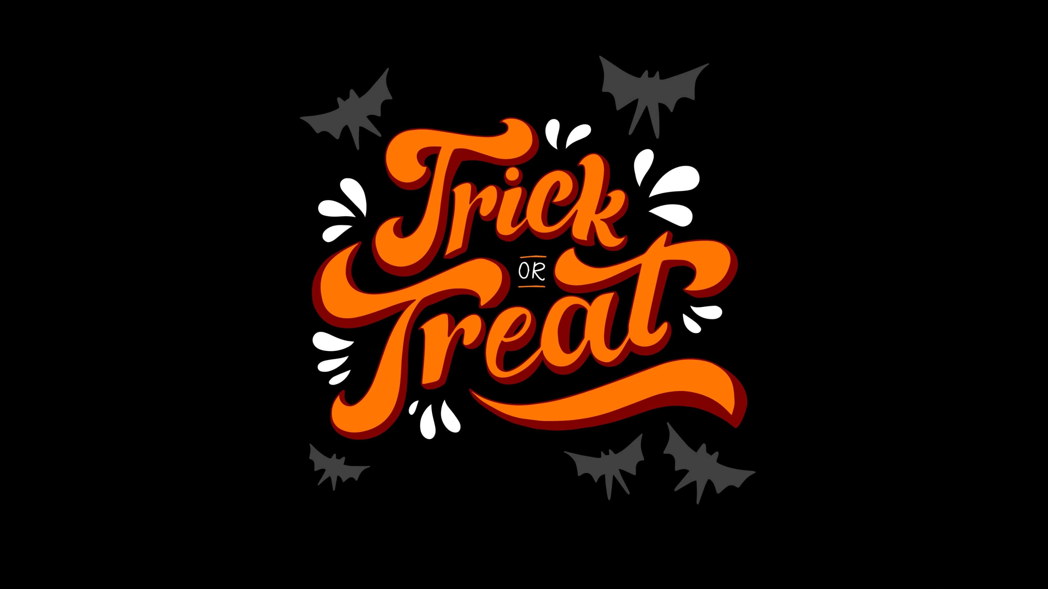 桌布 壁紙 — 黑色背景上，帶有白色飛濺和灰色蝙蝠的大膽橙色「Trick or Treat」字樣。