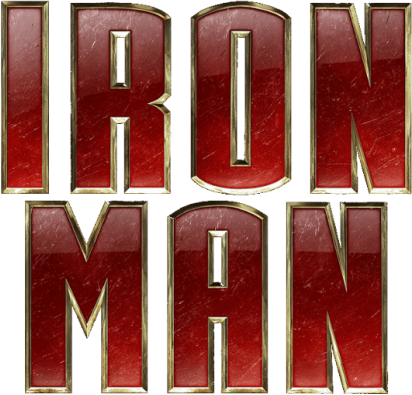 鋼鐵人標誌 桌布 壁紙 — 黑色背景上，帶有金屬質感和刮痕的大膽紅金「IRON MAN」標誌。