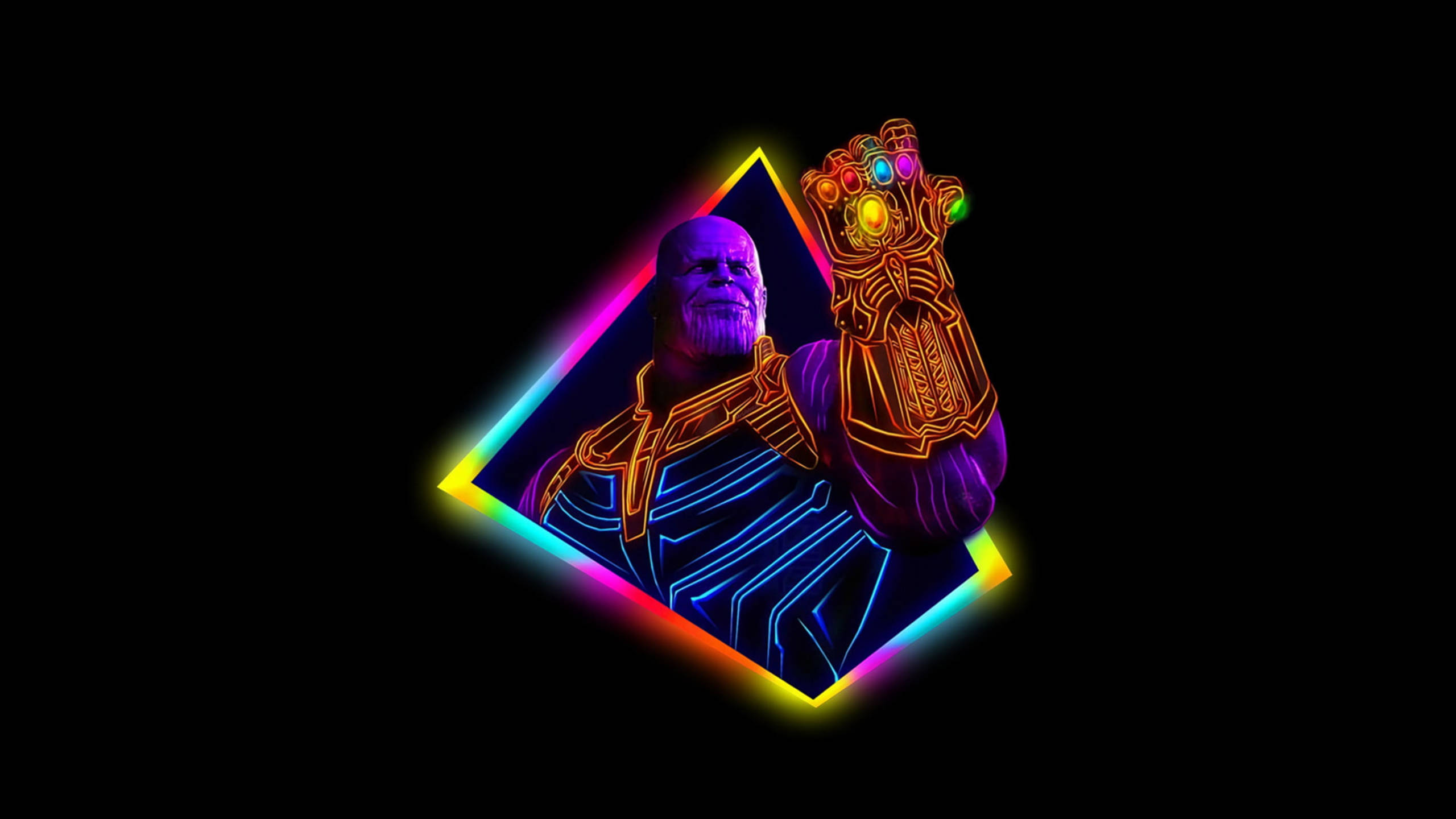 霓虹美學 桌布 壁紙 — 黑色背景上，彩虹鑽石框架內，Thanos 以霓虹輪廓手持閃爍彩色寶石的無限手套。