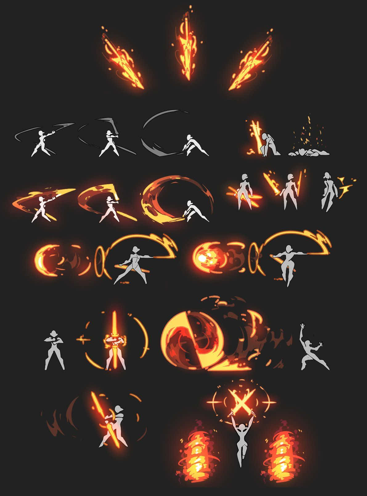 Game Animation 桌布 壁紙 — 黑色背景上，戰士們揮舞著發光的橙色能量武器的動態白色剪影。