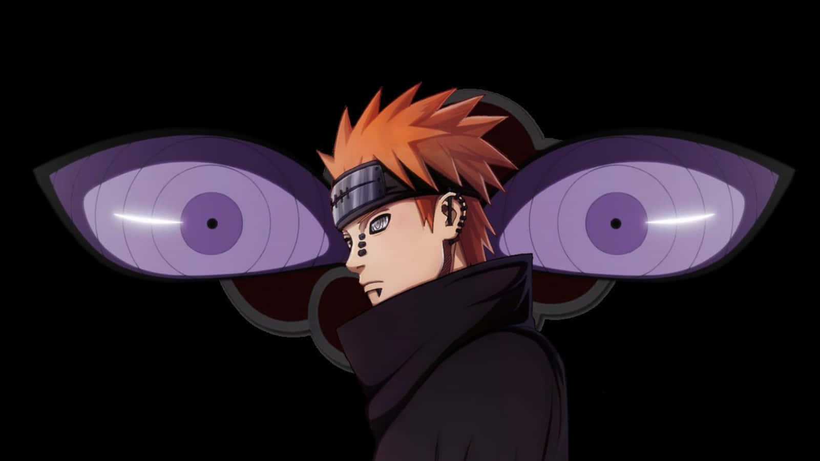 Pain Rinnegan 桌布 壁紙 — 黑色背景上，擁有尖刺橙色頭髮和紫色大眼睛的動漫角色。