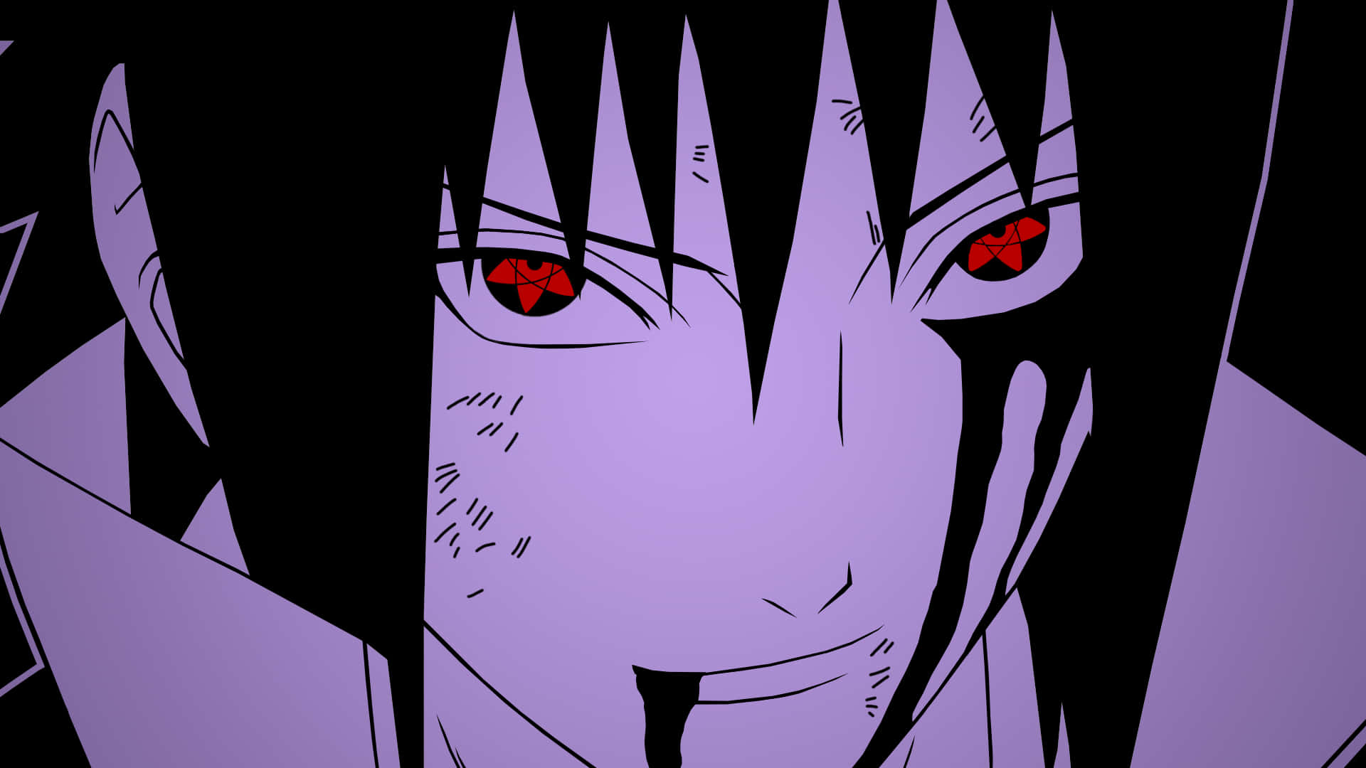 Uchiha Clan 桌布 壁紙 — 黑色背景上，擁有尖銳紫色頭髮和發光紅色眼睛的動漫角色特寫。