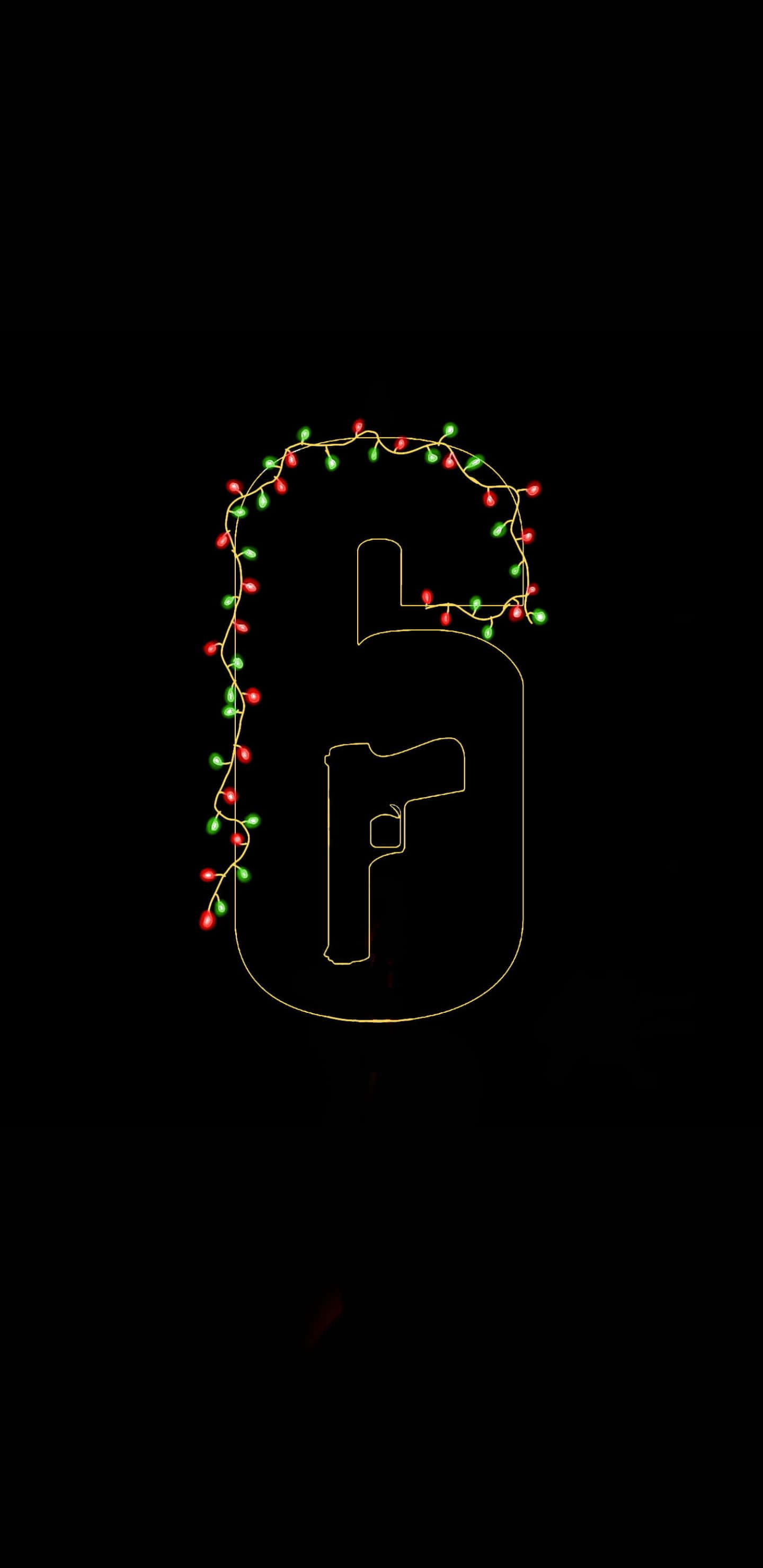 Pixel 3xl Rainbow Six Siege 桌布 壁紙 — 黑色背景上，數字六的發光輪廓點綴著紅色和綠色的聖誕燈飾。