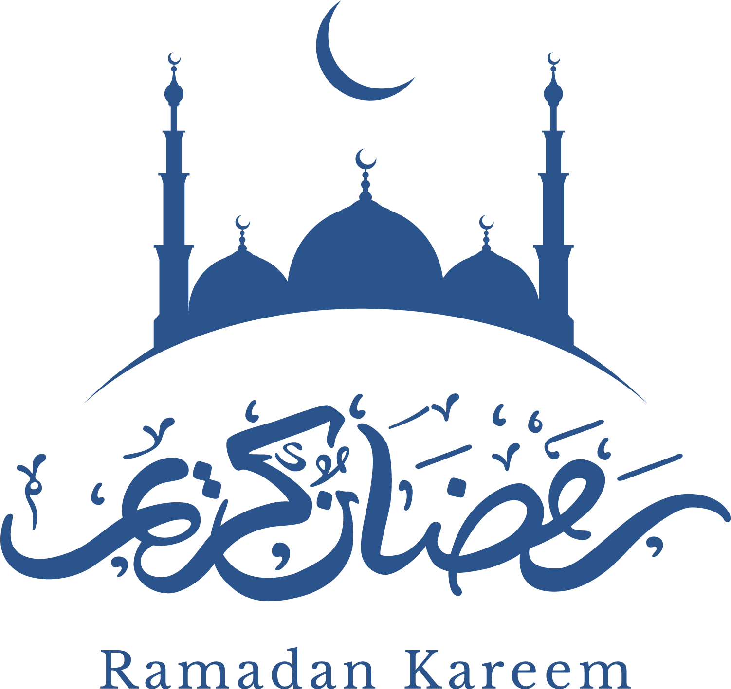 Ramadan Kareem 桌布 壁紙 — 黑色背景上，新月下的清真寺藍色剪影，帶有圓頂和宣禮塔，並有阿拉伯書法和英文文字。