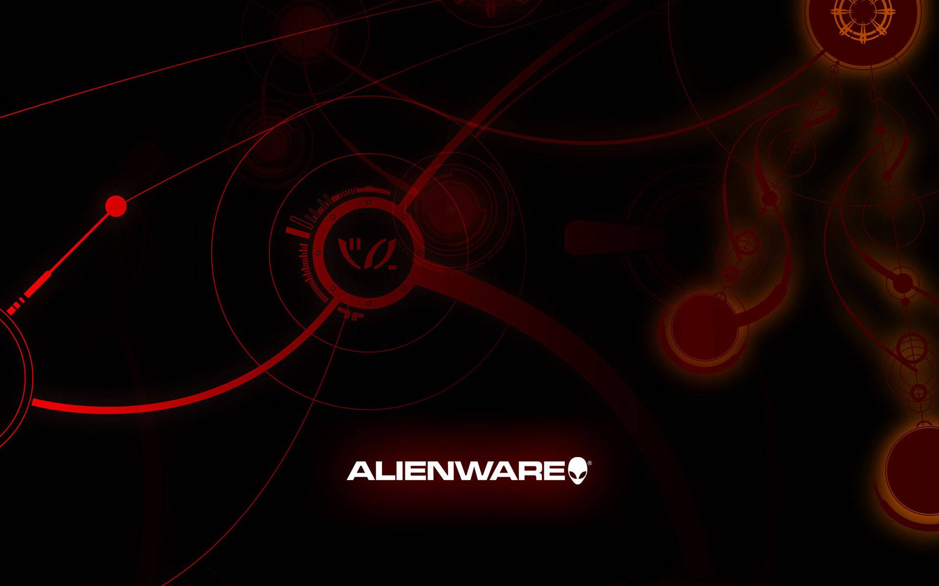 外星人 桌布 壁紙 — 黑色背景上，暗紅色發光的Alienware標誌被抽象電路線和圓形節點包圍。
