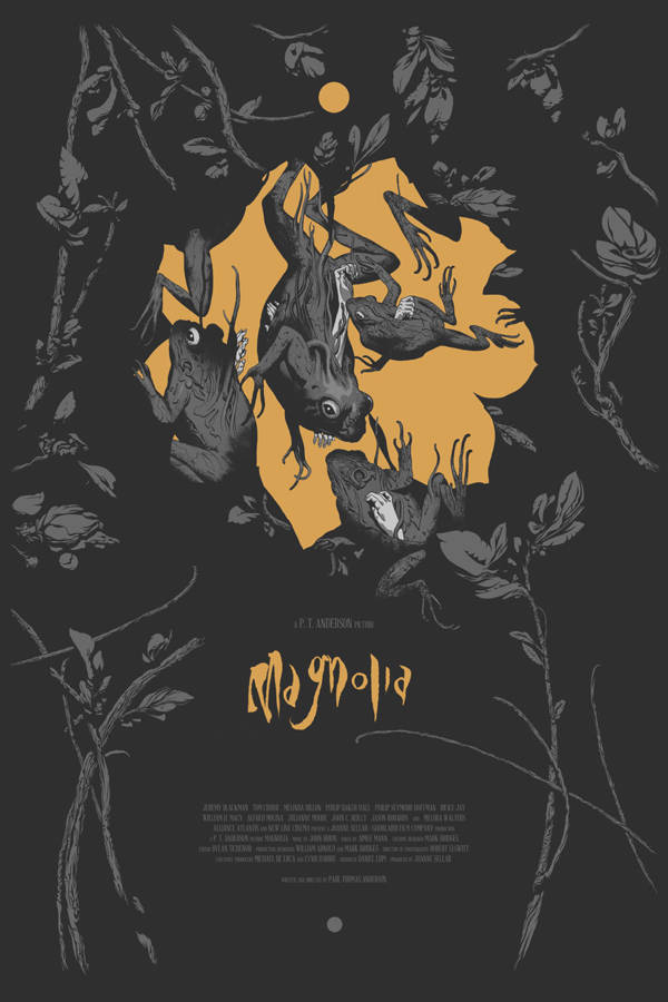 poster 桌布 壁紙 — 黑色背景上，有寬大眼睛的深色插圖青蛙緊貼在發光黃色木蘭花周圍的樹枝上。