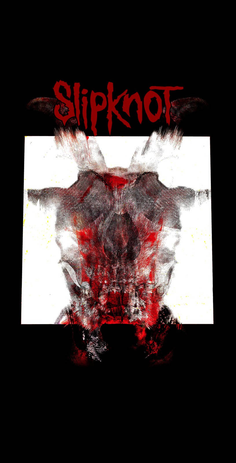 Slipknot 桌布 壁紙 — 黑色背景上，樂團名稱 Slipknot 以鋸齒狀紅色字母呈現，上方有一個白色正方形，內含一個血腥、怪誕的惡魔面孔。