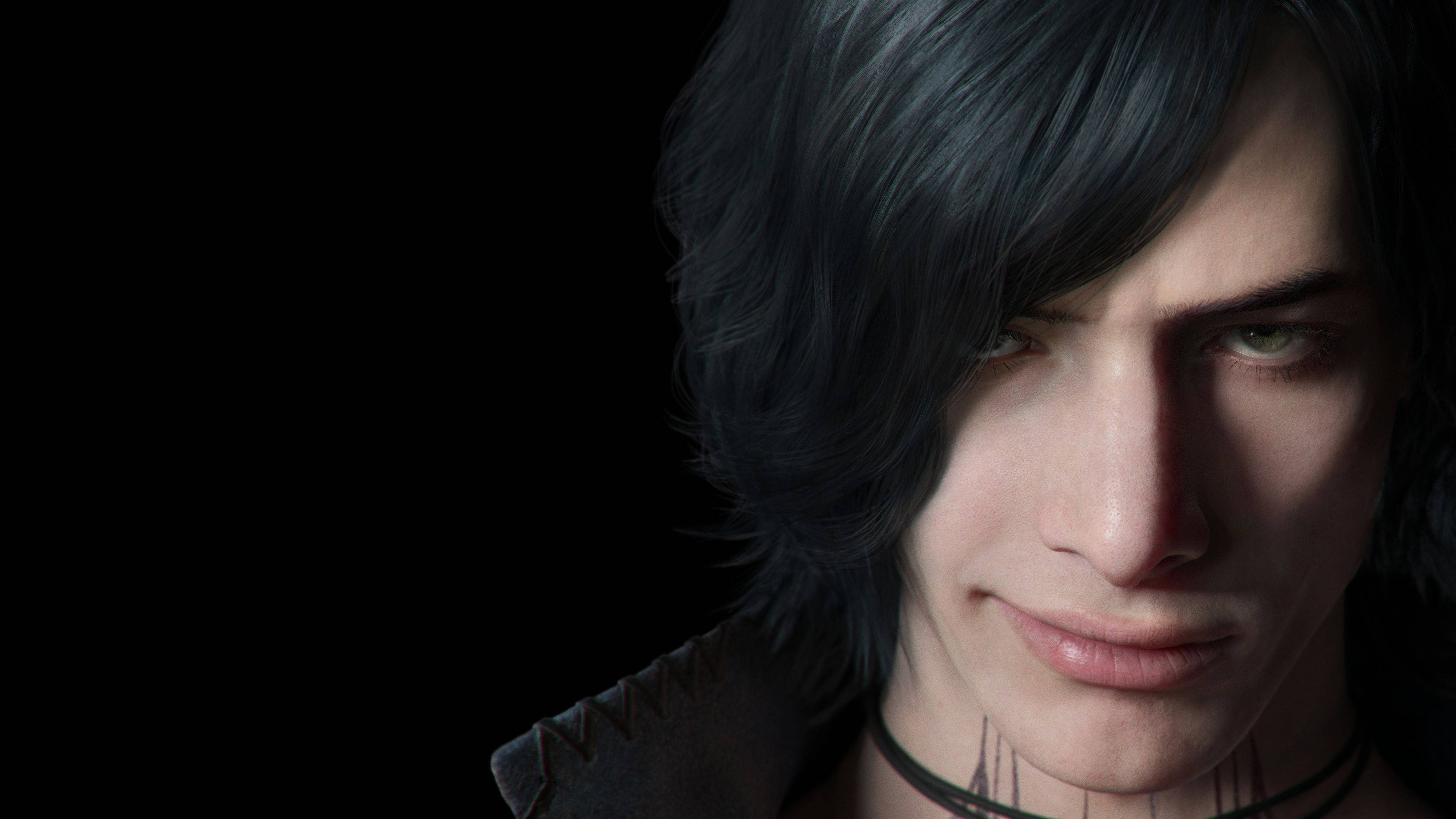Devil May Cry 5 桌布 壁紙 — 黑色背景上，深色頭髮、綠色眼睛和頸部紋身的動漫角色的特寫肖像。