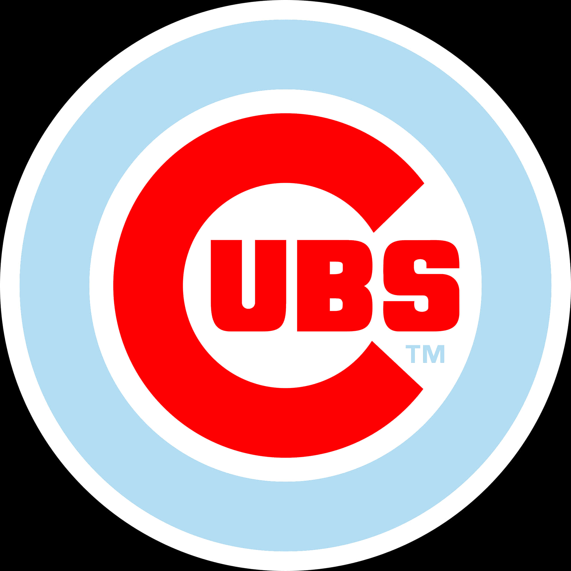 Chicago Cubs Logo 桌布 壁紙 — 黑色背景上，淺藍色和白色圓形標誌中央的粗體紅色 C 和 UBS 文字。