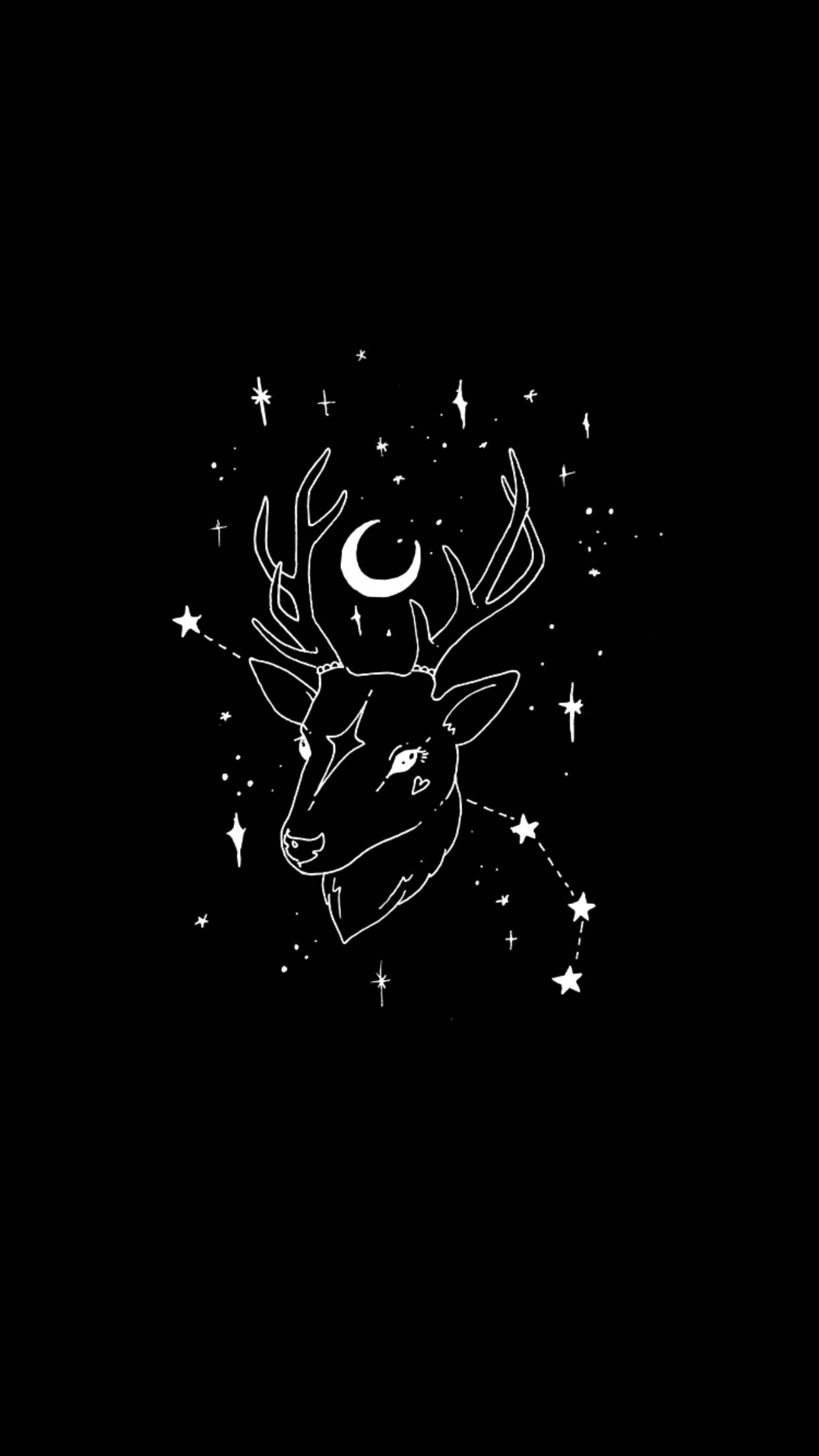鹿 桌布 壁紙 — 黑色背景上，由星星包圍、帶有新月鹿角的鹿頭極簡白色線條畫。