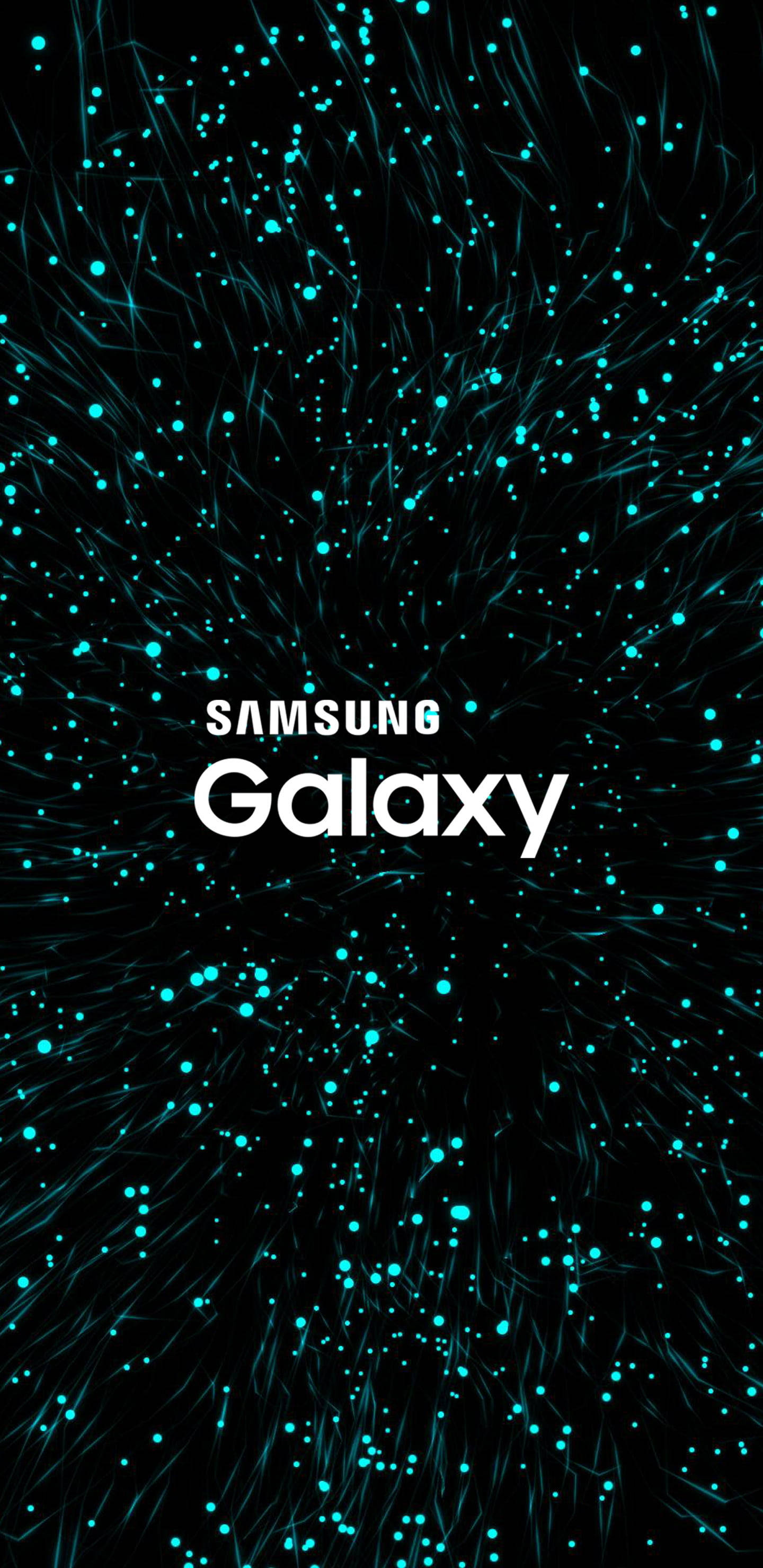 青色GIF 桌布 壁紙 — 黑色背景上，白色Samsung Galaxy標誌周圍散發出發光的青色點和線條。