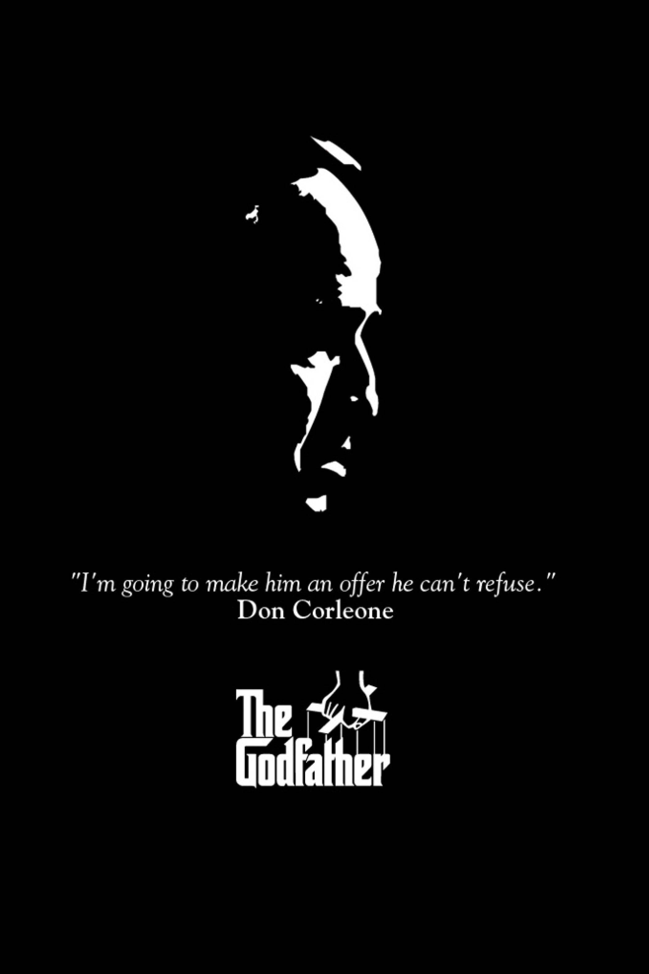 Mafia 桌布 壁紙 — 黑色背景上，白色剪影呈現了唐·柯里昂的側面輪廓，下方是他的經典語錄和電影標題。