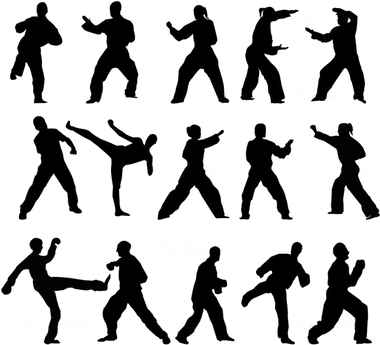 Taekwondo 桌布 壁紙 — 黑色背景上，白色剪影展現武術家做出各種動態戰鬥姿勢。