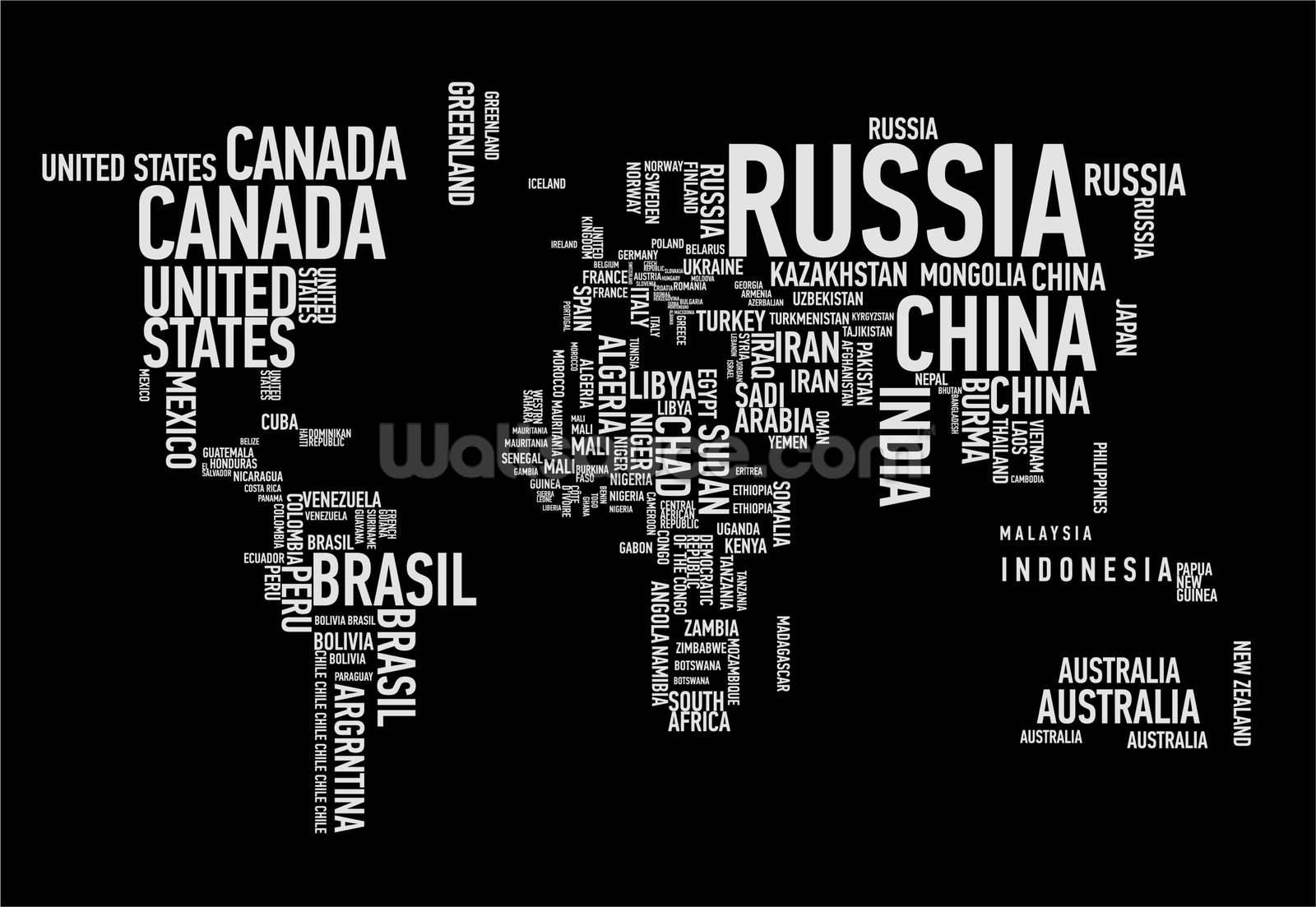 World 桌布 壁紙 — 黑色背景上，白色國家名稱以不同大小形成世界地圖輪廓。