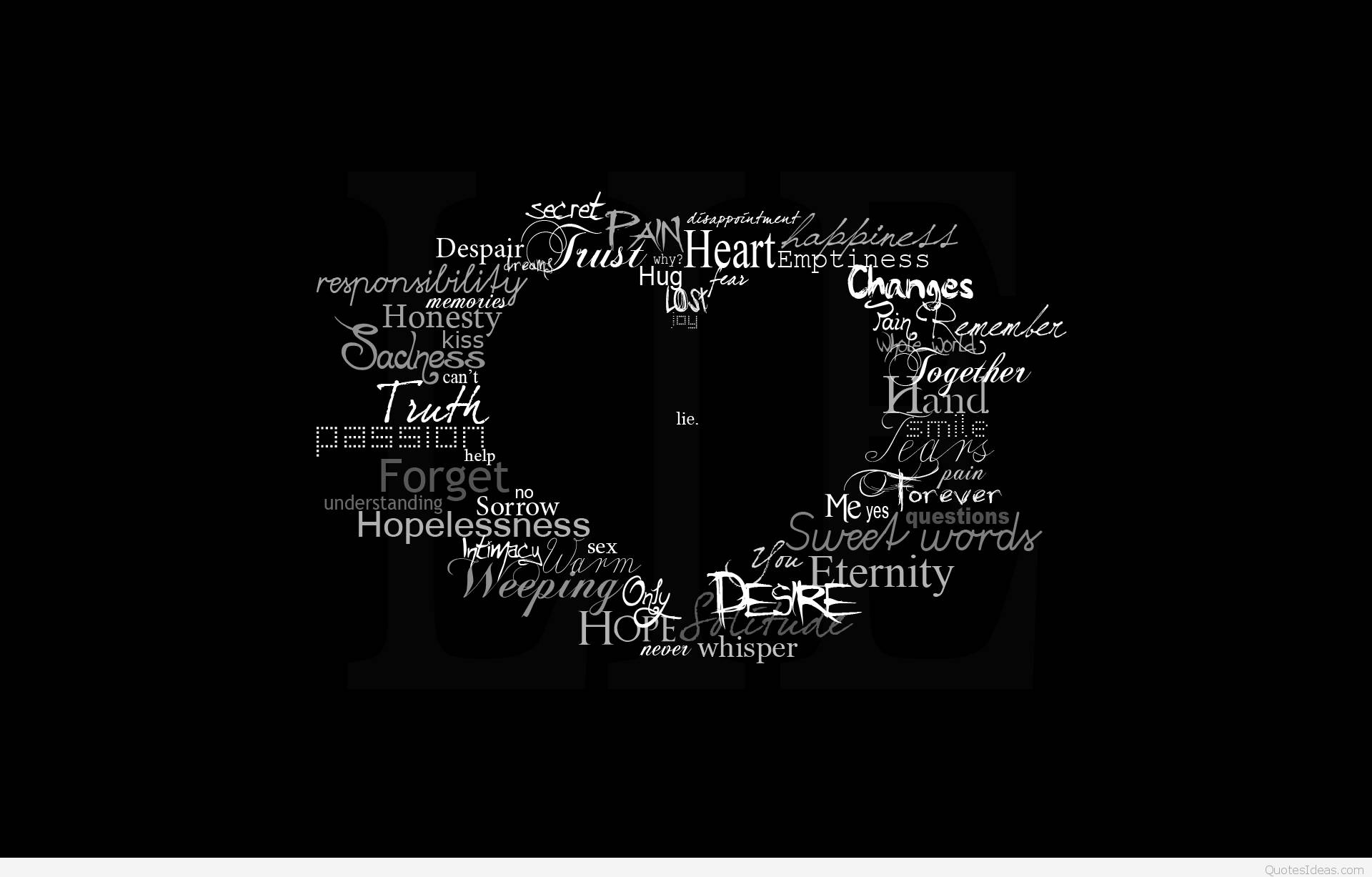Depressed 桌布 壁紙 — 黑色背景上，白色文字單詞如信任、痛苦、希望和愛排列成心形。