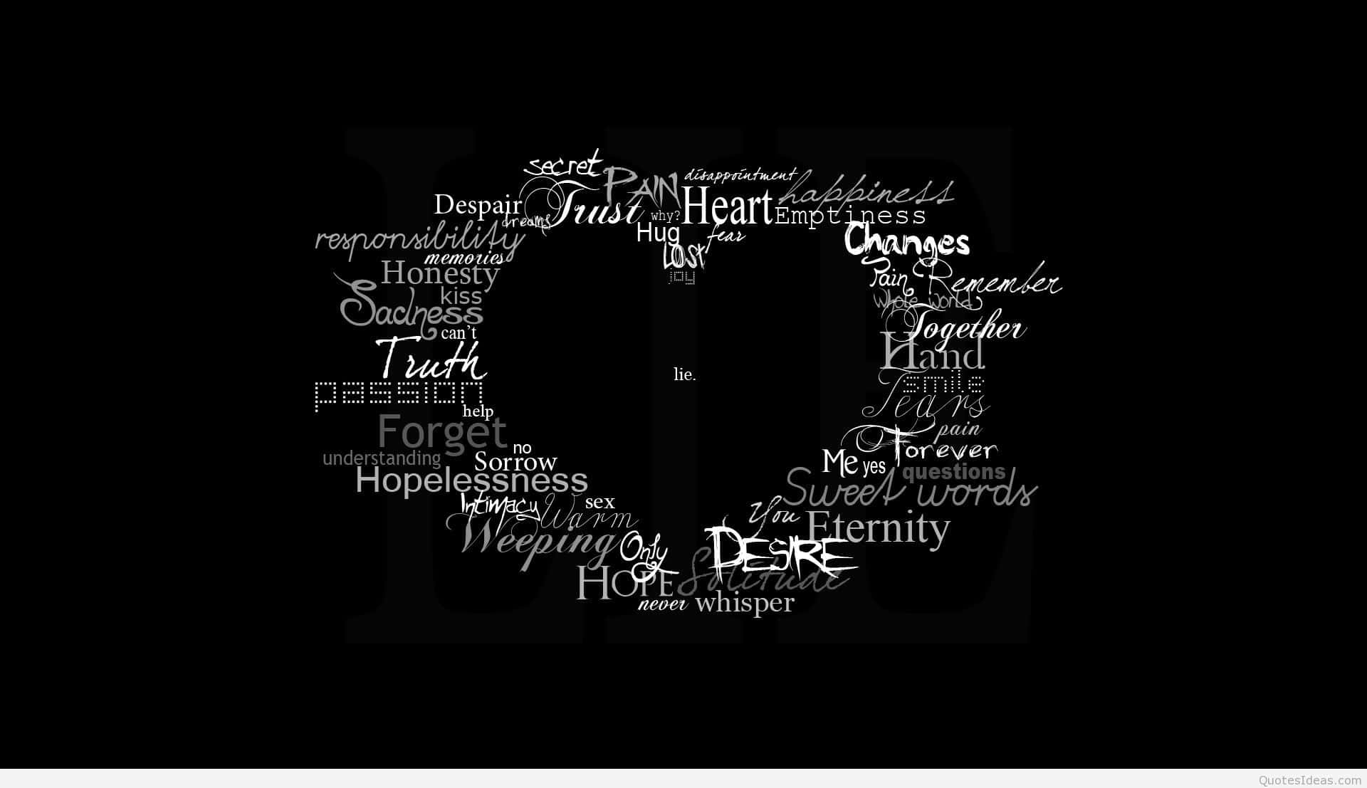 Motivational Quotes Black 桌布 壁紙 — 黑色背景上，白色文字詞語如痛苦、信任、幸福和眼淚形成心形。