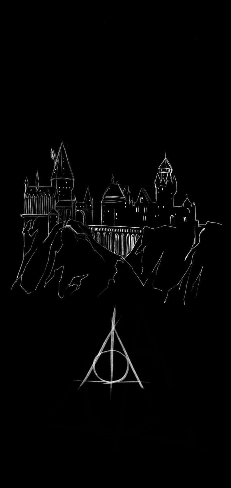 Harry Potter Black And White 桌布 壁紙 — 黑色背景上，白色線條繪製的懸崖哥德式城堡，下方有死神的聖物符號。