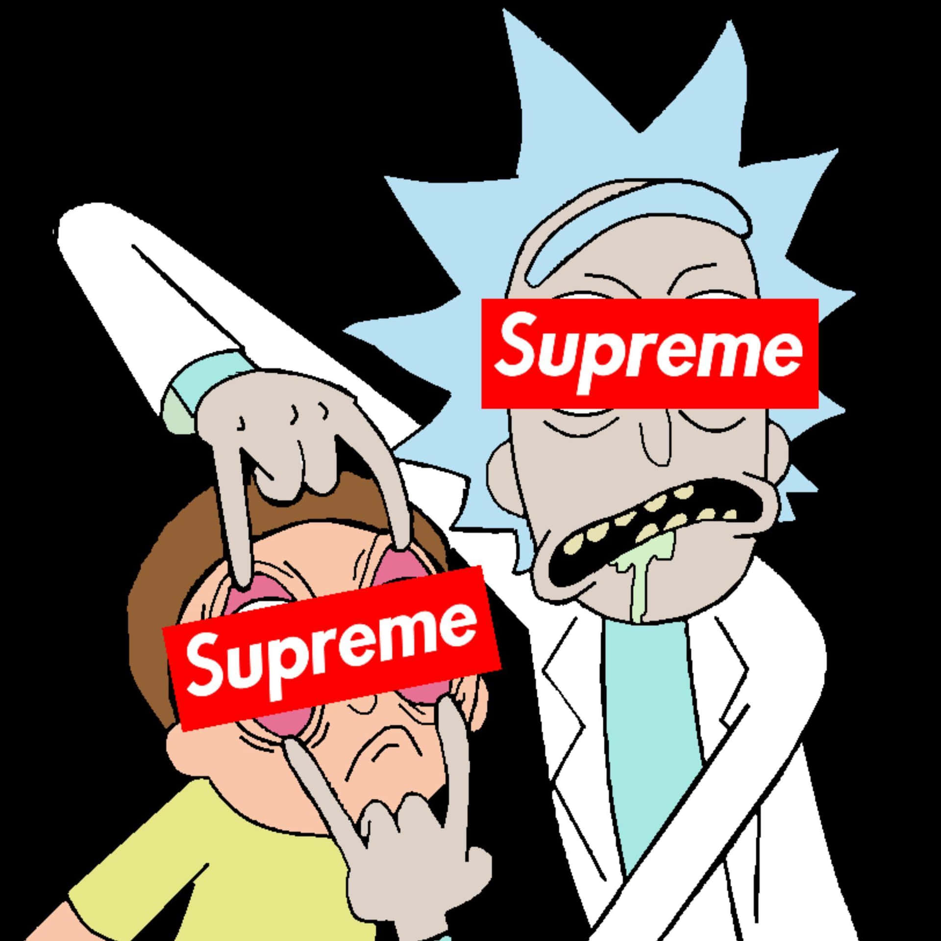 眼睛上有Supreme標誌的Rick和Morty。 — Supreme GIF 壁紙