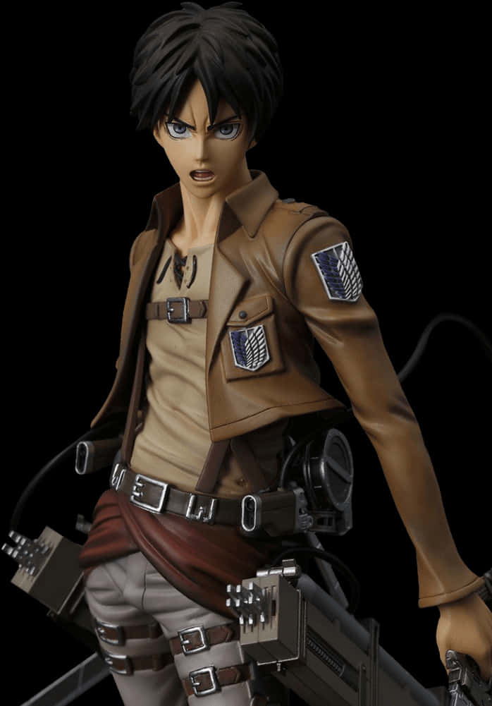 eren jaeger 桌布 壁紙 — 黑色背景上，穿著調查兵團制服並配備3D渲染細節裝備的艾倫·耶格爾動漫人偶。