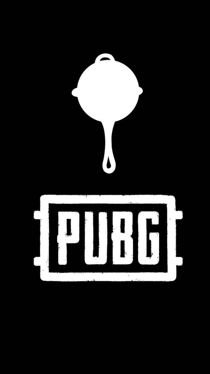 Pubg Black 桌布 壁紙 — 黑色背景上，粗體 PUBG 標誌上方有一個鮮明的白色煎鍋剪影。