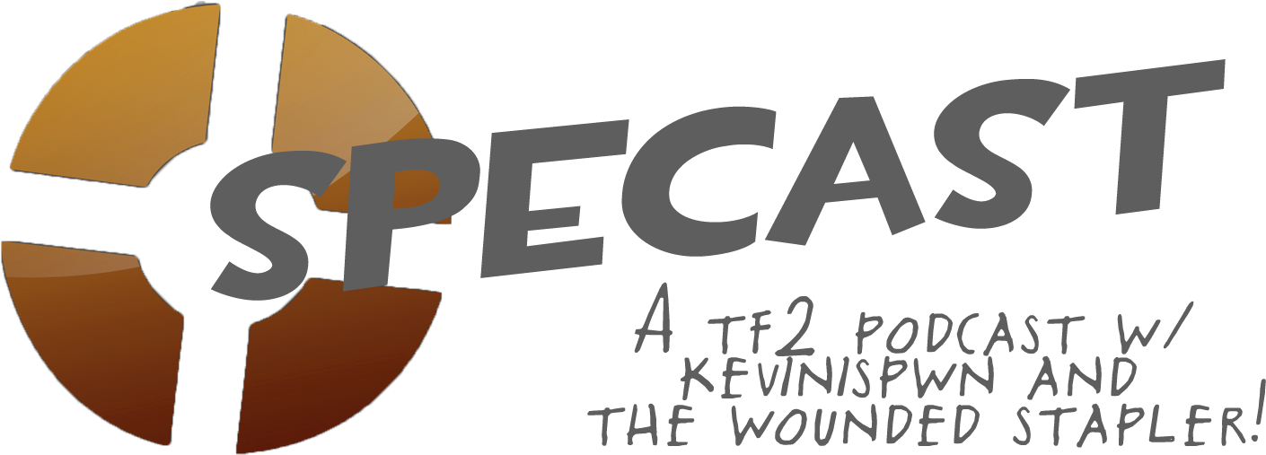 Tf2 Logo 桌布 壁紙 — 黑色背景上，粗體灰色「SPECAST」文字搭配分段橙棕色圓形標誌，下方有手寫播客鳴謝。