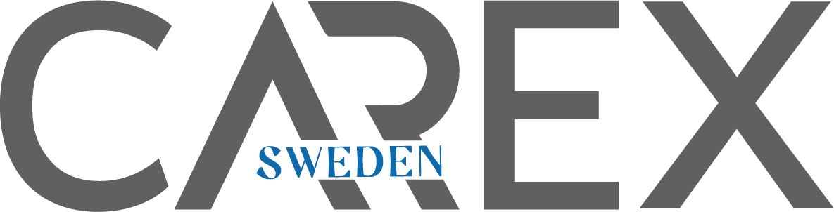 瑞典 桌布 壁紙 — 黑色背景上，粗體灰色CAREX文字，下方有較小的藍色SWEDEN。