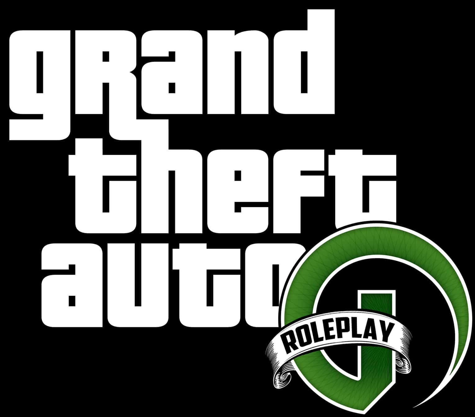 Gta 桌布 壁紙 — 黑色背景上，粗體白色「Grand Theft Auto」文字，帶有綠色「G」標誌和「ROLEPLAY」橫幅。