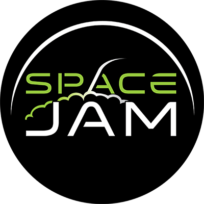 電影 桌布 壁紙 — 黑色背景上，粗體白色和綠色的「SPACE JAM」標誌，帶有彎曲弧線和雲狀底線。