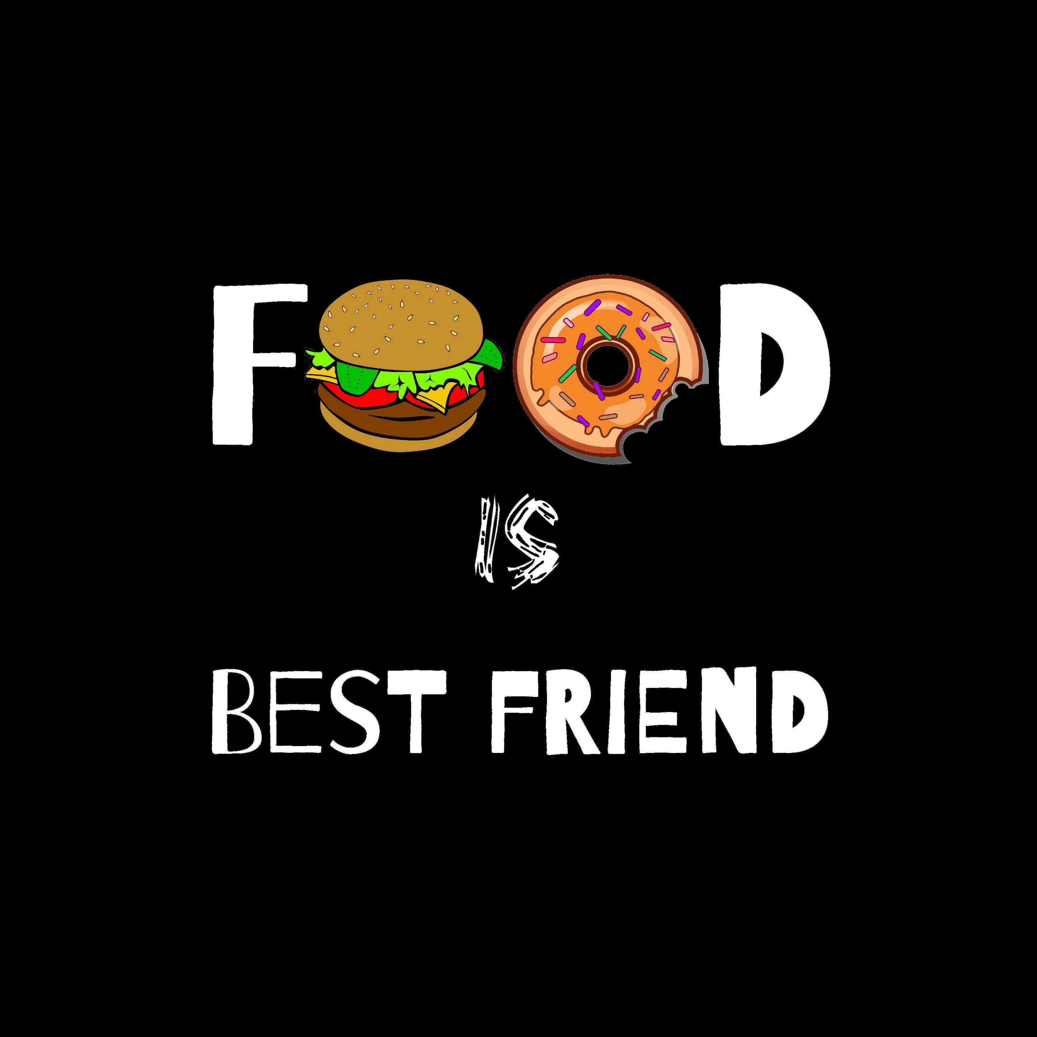 摯友 桌布 壁紙 — 黑色背景上，粗體白色文字宣告「FOOD IS BEST FRIEND」，並以漢堡和甜甜圈圖示取代字母。