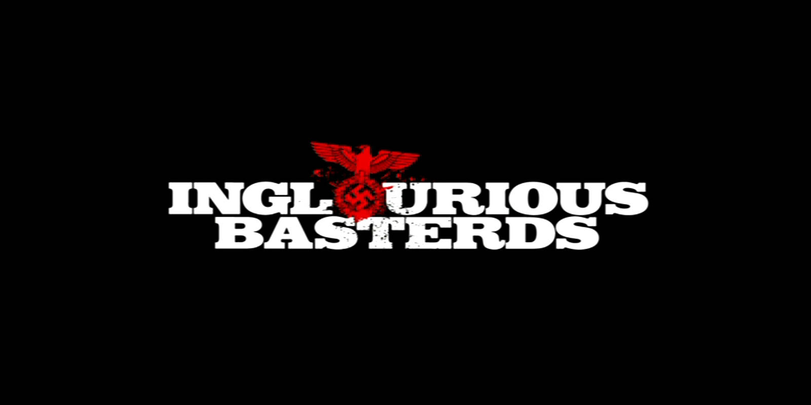 Inglourious Basterds 桌布 壁紙 — 黑色背景上，粗體白色文字寫著「INGLORIOUS BASTERDS」，上方有紅色鷹和卍字標誌。