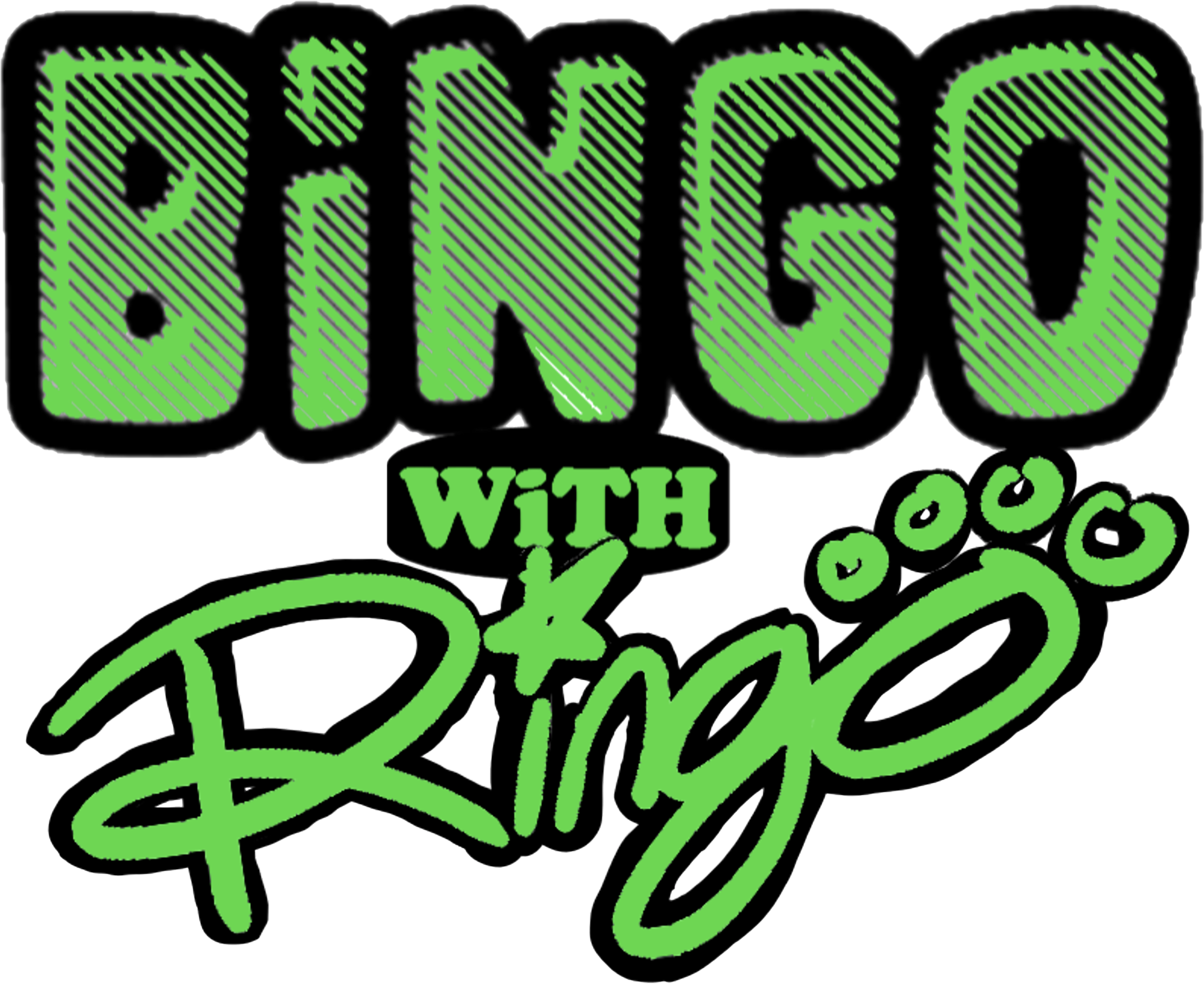賓果 桌布 壁紙 — 黑色背景上，粗體綠色 'BINGO WITH Ringo' 文字，帶有草圖線條和爪印點綴。
