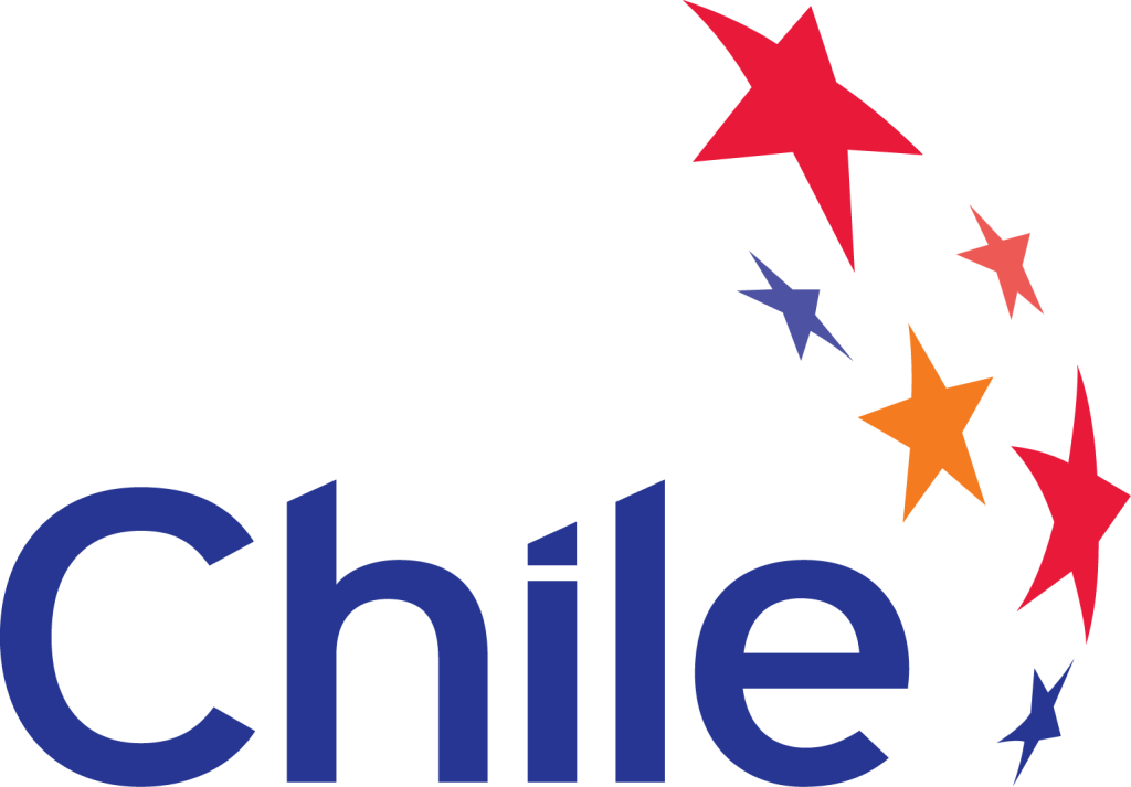 標誌 桌布 壁紙 — 黑色背景上，粗體藍色「Chile」文字上方有彩色星星形成弧線。