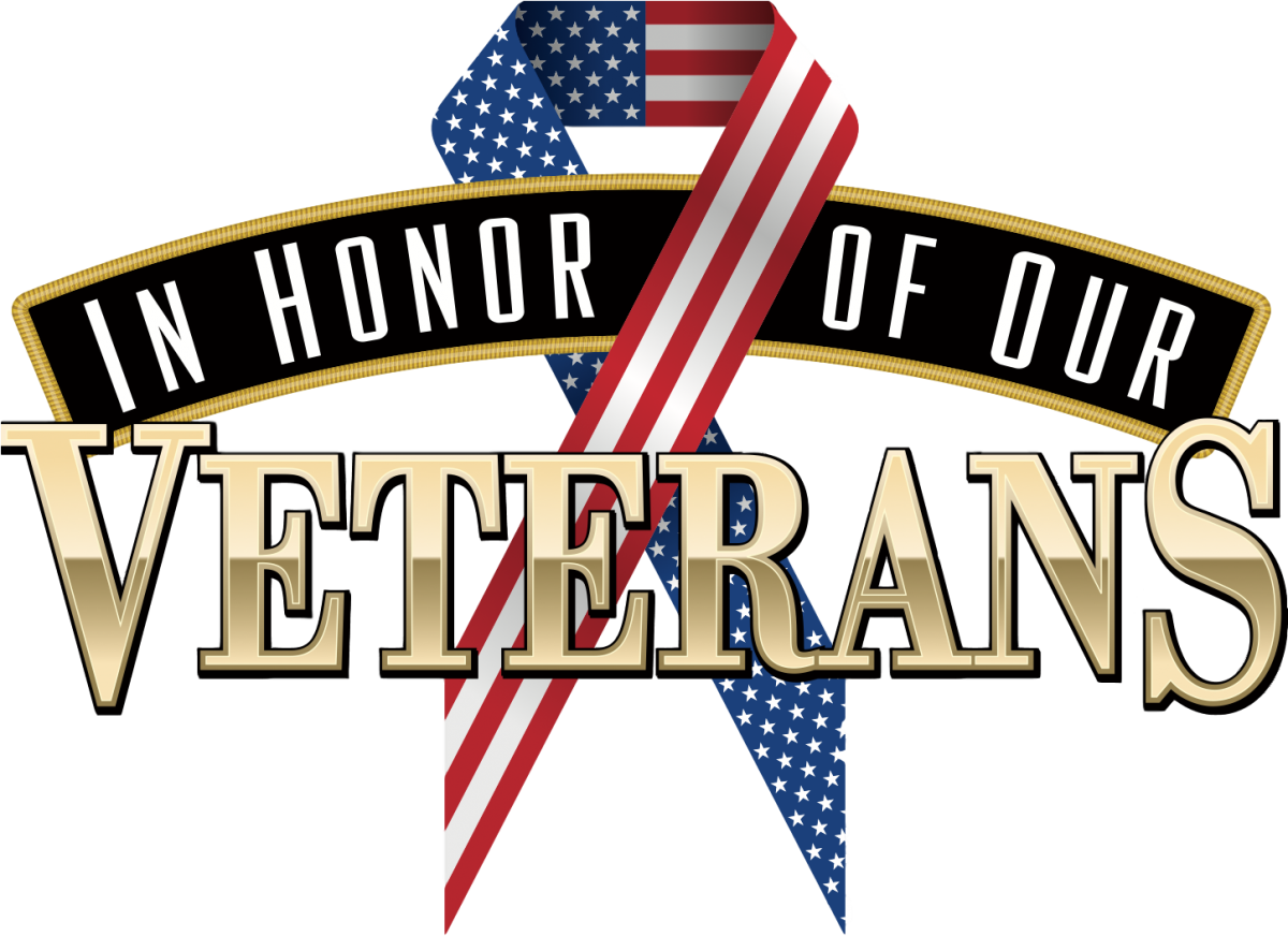 退伍軍人節 桌布 壁紙 — 黑色背景上，粗體金色文字寫著「IN HONOR OF OUR VETERANS」，並被一條愛國美國國旗絲帶交叉。