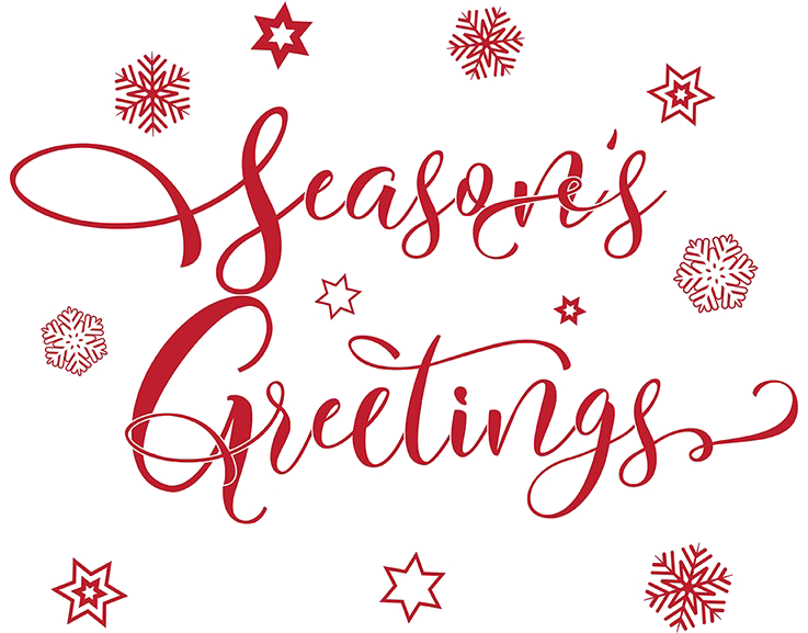 Greetings 桌布 壁紙 — 黑色背景上，紅色斜體「Season's Greetings」文字被雪花和星星環繞。