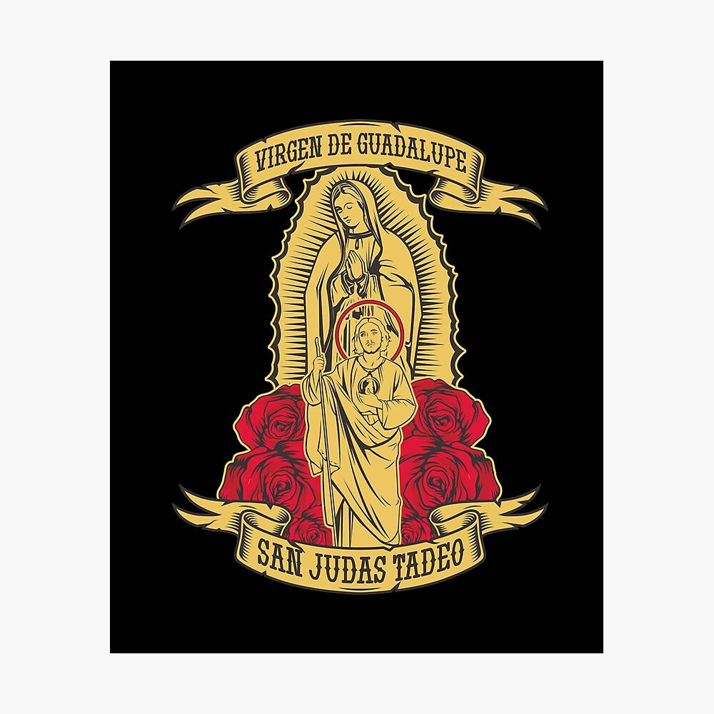 religion 桌布 壁紙 — 黑色背景上，紅色玫瑰框住的瓜達盧佩聖母和聖猶達達太的金色插圖。