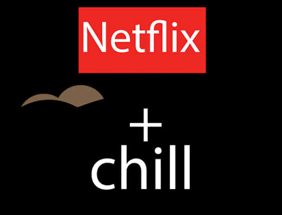 Netflix Logo 桌布 壁紙 — 黑色背景上，紅色盒子內的Netflix標誌，加上plus chill文字和棕色雲朵。