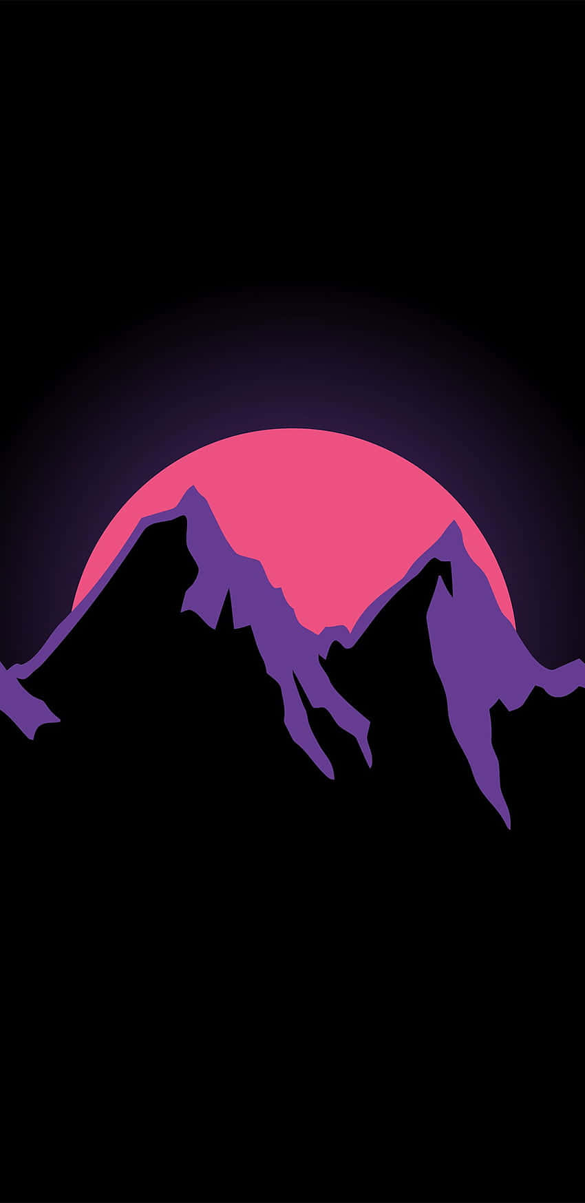 山景 桌布 壁紙 — 黑色背景上，紫色山脈輪廓映襯著發光的粉紅色日落。