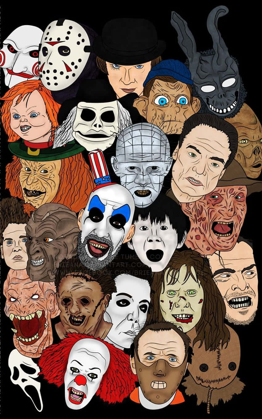 Horror Icons 桌布 壁紙 — 黑色背景上，經典恐怖電影反派角色帶有怪誕表情的混亂拼貼畫。