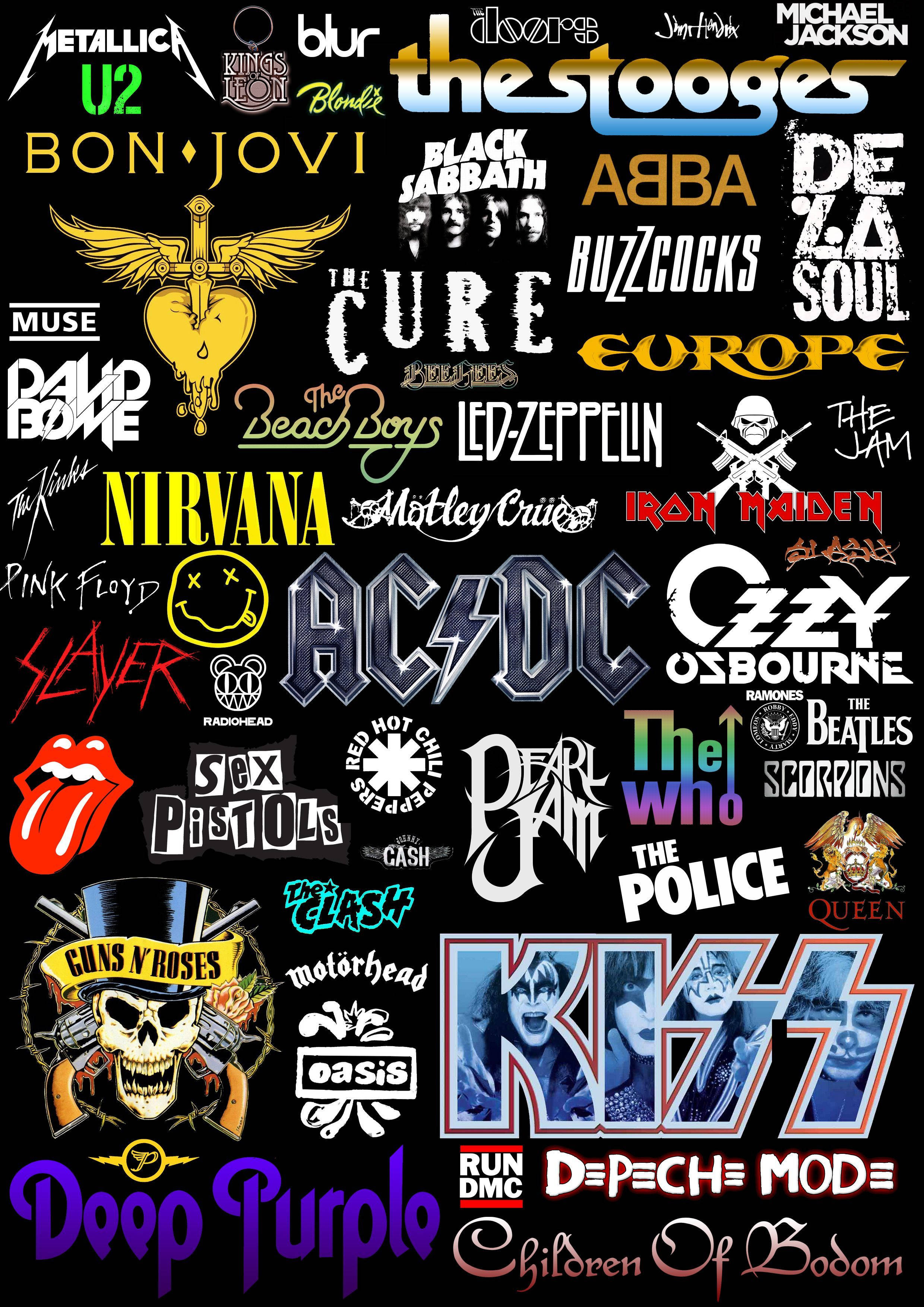 80s Rock 桌布 壁紙 — 黑色背景上，經典搖滾樂隊標誌和專輯封面的鮮明拼貼。