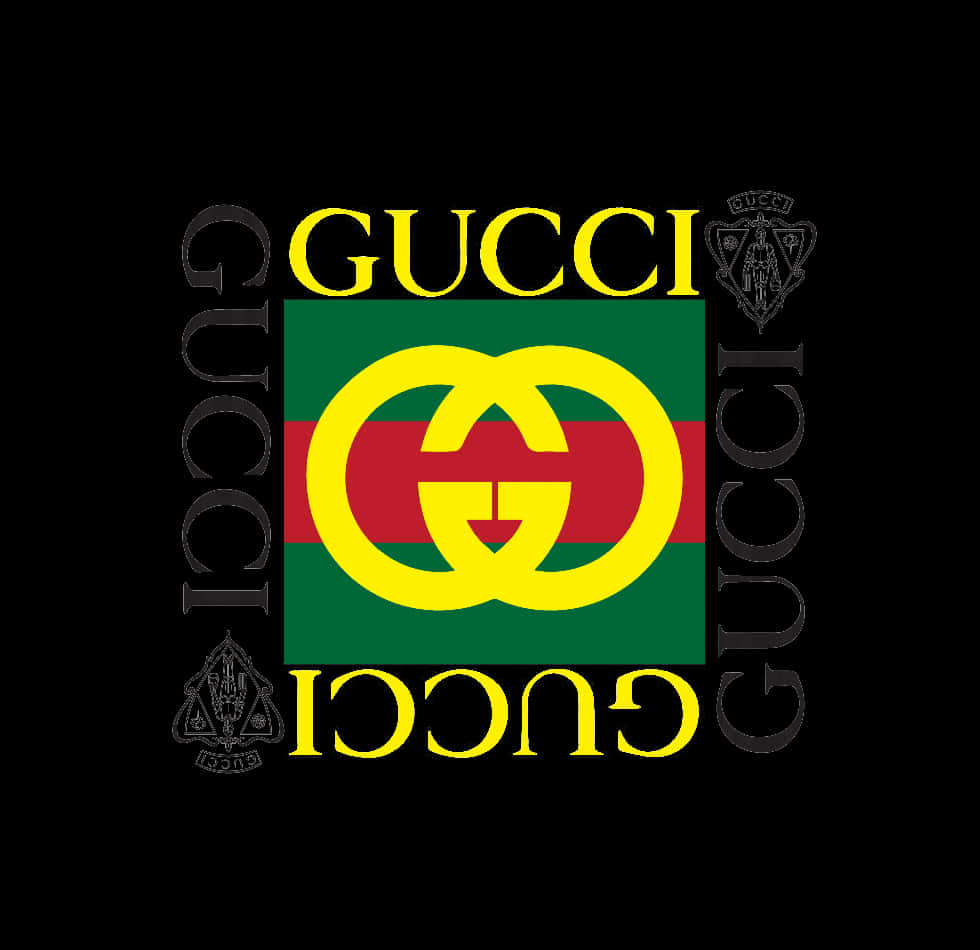 Gucci 桌布 壁紙 — 黑色背景上，綠色紅色條紋背景中帶有互鎖G的醒目Gucci標誌，周圍環繞重複的品牌名稱和徽章。