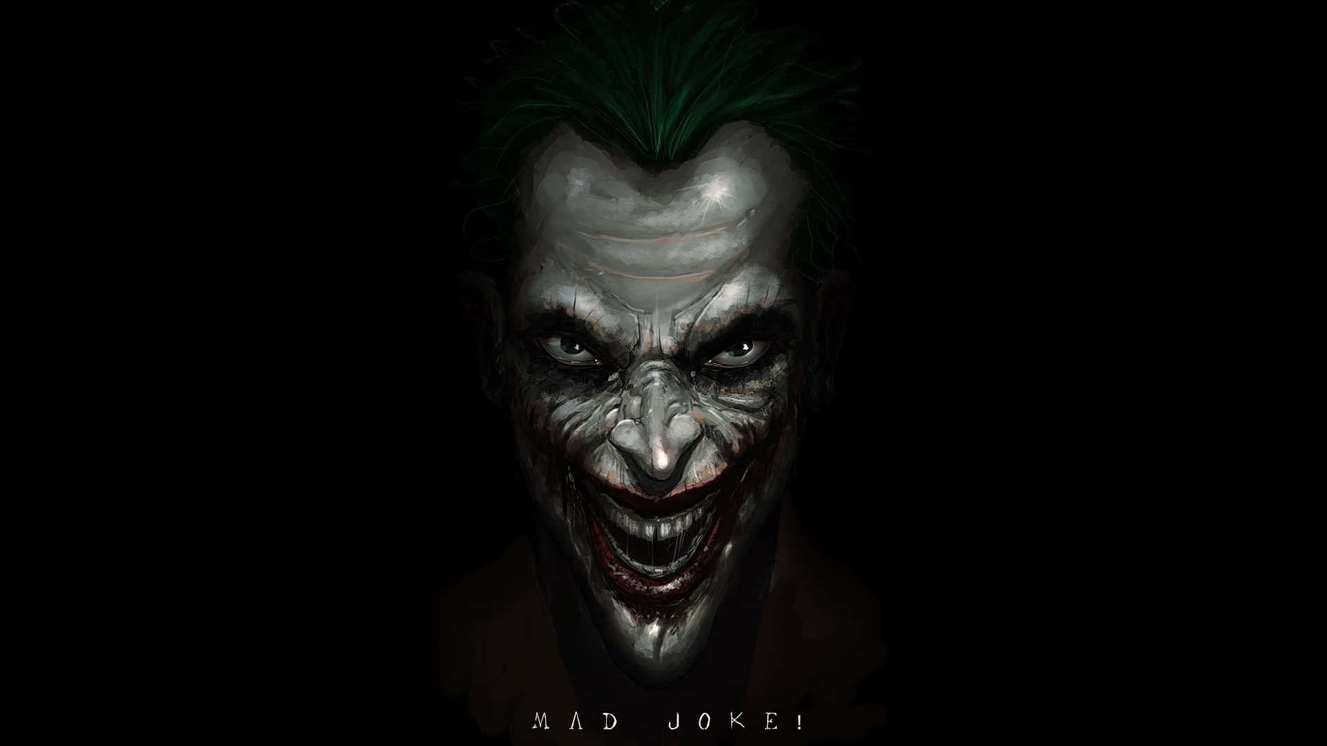 Batman Comics 桌布 壁紙 — 黑色背景上，綠髮小丑露出邪惡咧嘴笑容的威脅性特寫。