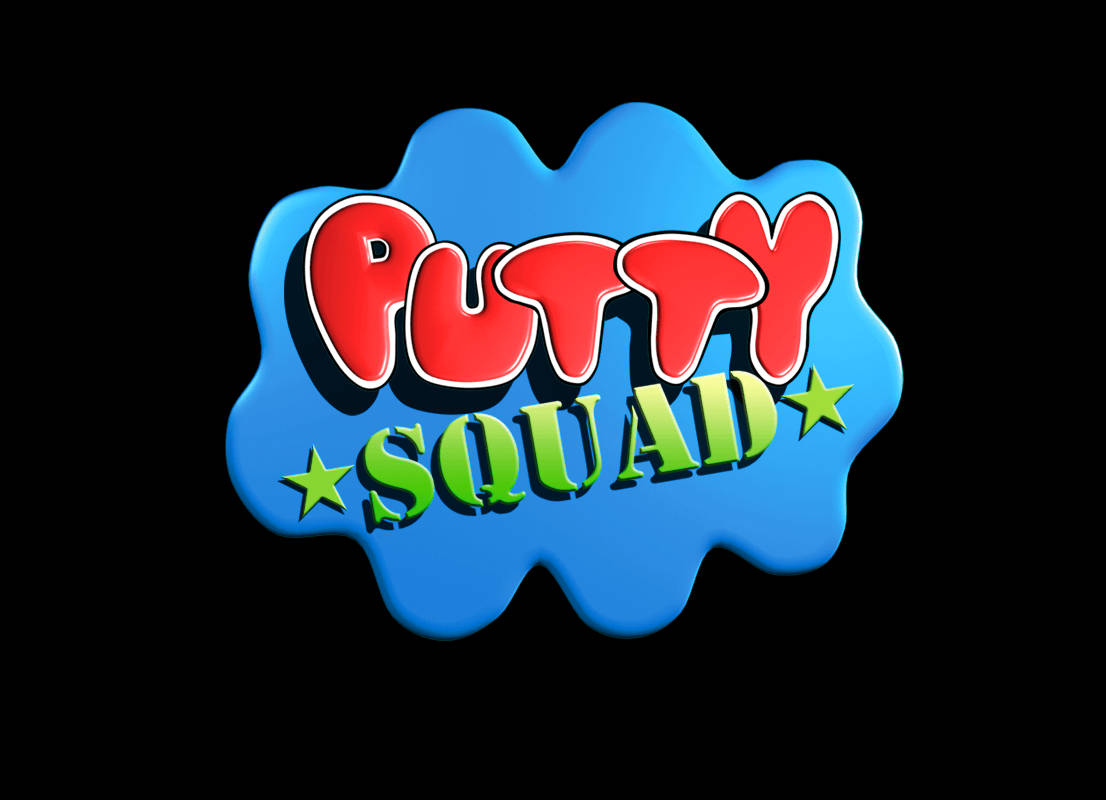 Putty Squad 標誌，黑色背景上藍色史萊姆形狀上有紅綠色文字 — Ps4 壁紙