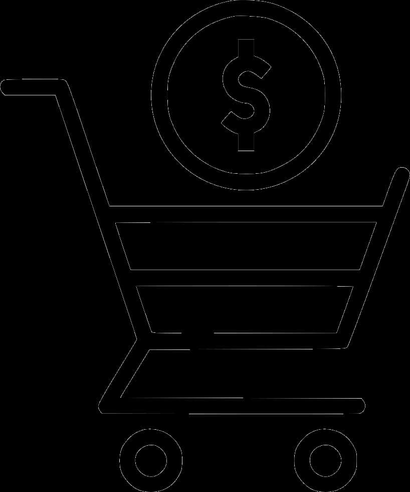 Shopping Cart 桌布 壁紙 — 黑色背景上，購物車籃子上方有一個美元硬幣圖示的極簡白色線條畫。
